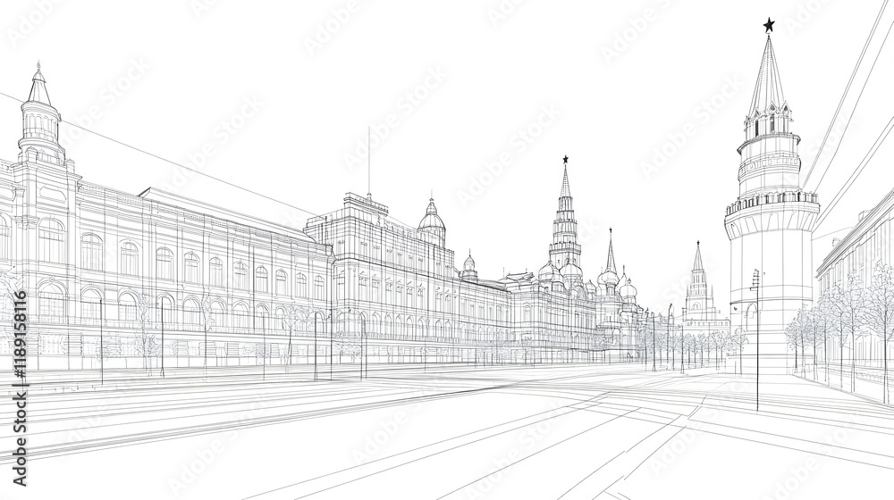 Wireframe-style vector illustration of Moscow city featuring Kremlin Palace and Red Square. 3D futuristic concept of iconic historical landmarks,architectural grandeur, urban planning, cultural preser Wireframe-style vector illustration of Moscow city featuring Kremlin Palace and Red Square. 3D futuristic concept of iconic historical landmarks,architectural grandeur, urban planning, cultural preser