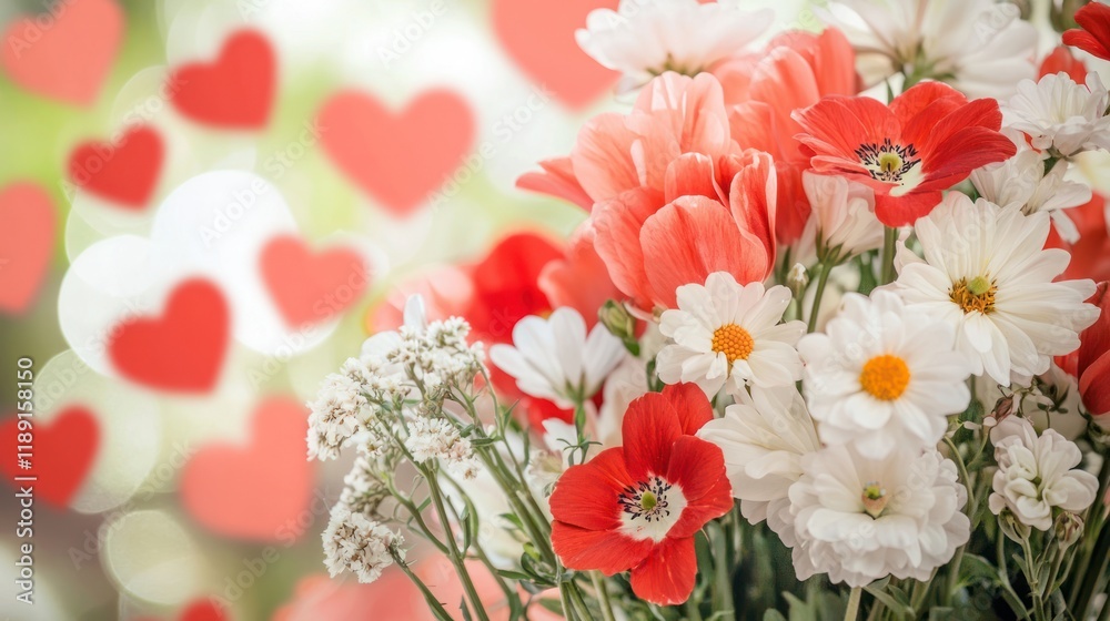 A beautiful floral arrangement of red and white flowers with heart shapes in the background.