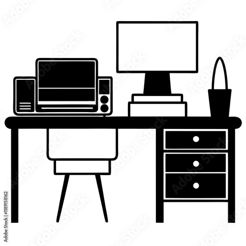 Silhouette of Shared Office Workspace with Printer and Scanner Copier 