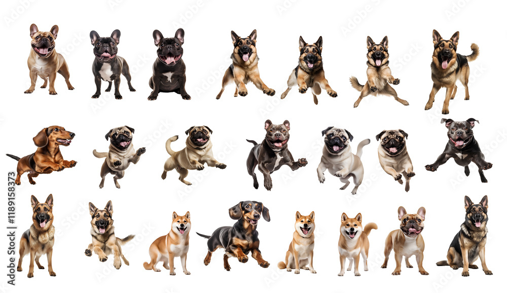 Playful Paws: A delightful collection of various dog breeds in dynamic poses, showcasing their unique personalities and playful spirits. Each canine captures a different mood. Playful Paws: A delightful collection of various dog breeds in dynamic poses, showcasing their unique personalities and playful spirits. Each canine captures a different mood.