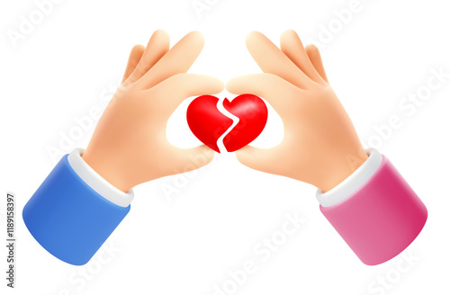 Breakup heart, concept of reconciliation, restore love. 3D realistic hands holding two halves of broken heart, trying to connect them. Isolated on white background. Vector illustration