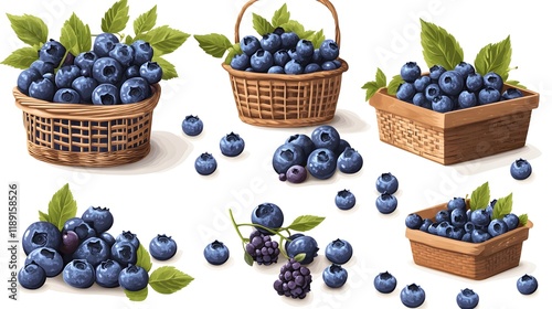 Blueberries in Baskets and Loose Blueberries and Blackberries