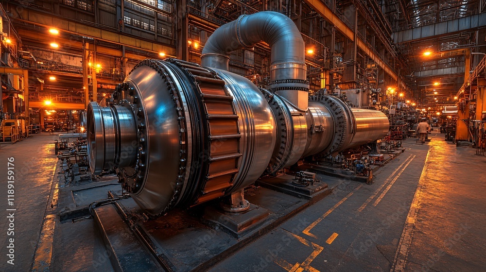 Large industrial turbine in a well-lit manufacturing facility at night Large industrial turbine in a well-lit manufacturing facility at night