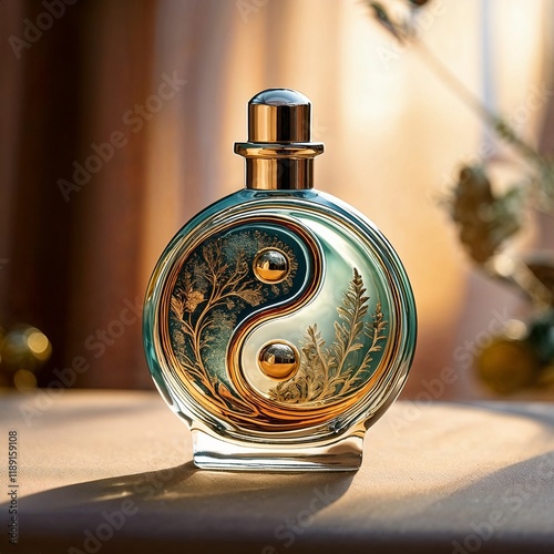 Round perfume bottle with yin-yang, plant motifs and golden elements, symbolizes balance, harmony and luxury, background is blurred
