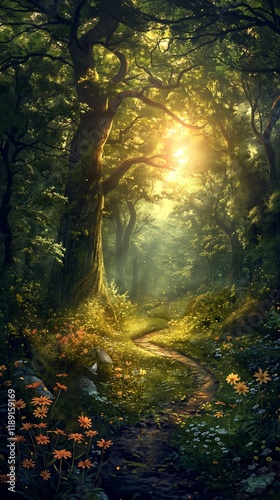 Serene Pathway Through a Lush Forest with Sunlight Filtering Through Trees and Vibrant Wildflowers