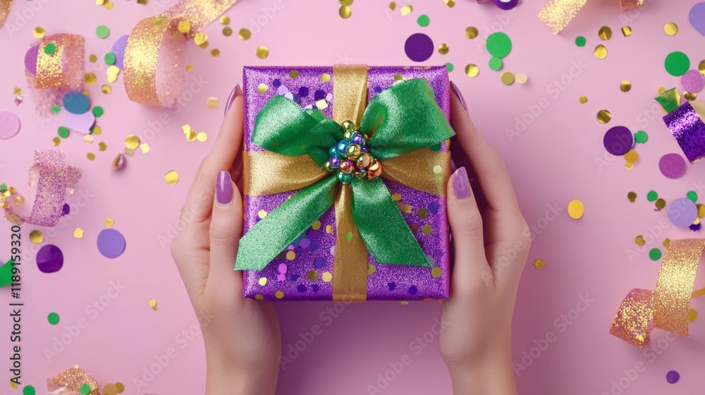 A person is holding a purple box with a green bow on it. The box is decorated with glitter and the person's hands are covered in glitter as well. Scene is festive and celebratory A person is holding a purple box with a green bow on it. The box is decorated with glitter and the person's hands are covered in glitter as well. Scene is festive and celebratory