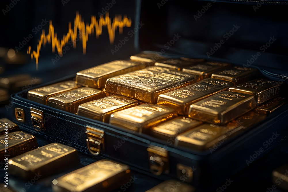 Gold bars briefcase, market graph, wealth Gold bars briefcase, market graph, wealth
