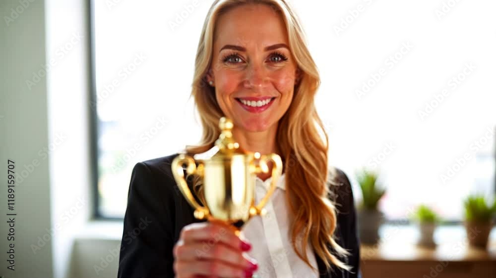 Joyful celebration of success with golden trophy in bright office setting Joyful celebration of success with golden trophy in bright office setting