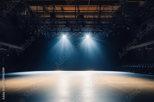 A dimly lit concert hall shrouded in darkness, with a grand stage in the background illuminated by a single spotlight, creating a dramatic and atmospheric setting.