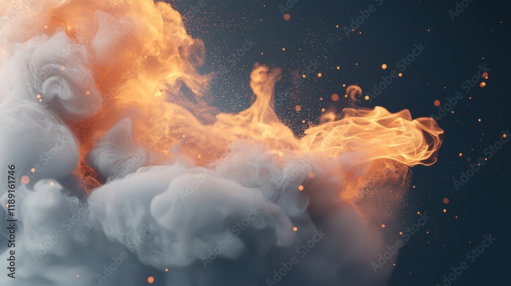 Obraz premium Dramatic Explosion of Colorful Flames and Smoke with Sparkling Particles in Dark Background