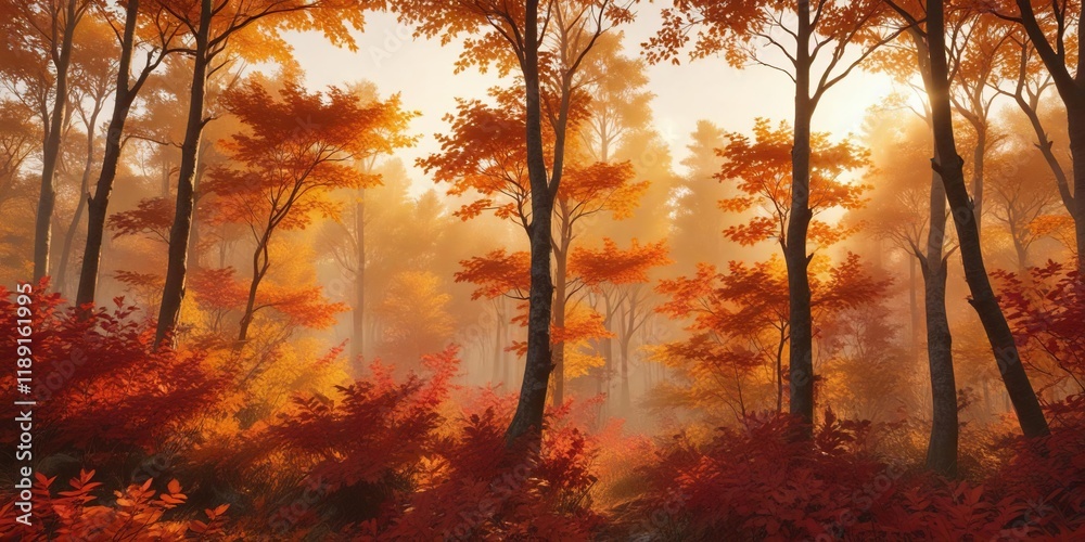 Dense foliage of golden hues and crimson leaves against a vibrant orange sky, with sunlight filtering through the forest canopy, foliage colors, autumn sunset Dense foliage of golden hues and crimson leaves against a vibrant orange sky, with sunlight filtering through the forest canopy, foliage colors, autumn sunset
