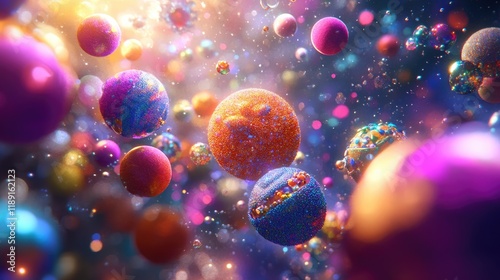 A vibrant array of colorful spheres floating in a cosmic-like environment. photo