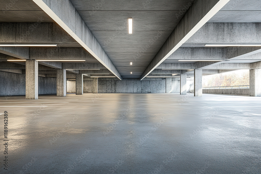 Obraz premium 3d render of futuristic concrete architecture with car park, empty cement floor