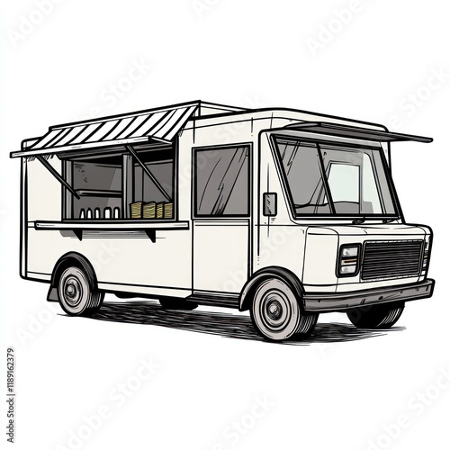 White food truck serving outdoors, city background, menu design