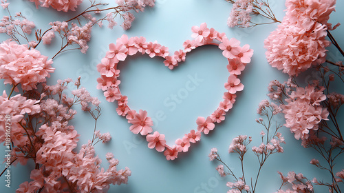 Wallpaper Mural a heart-shaped cutout surrounded by pink flowers with stems on a pastel pink background with copy space. Perfect as a valentines day gift card Torontodigital.ca