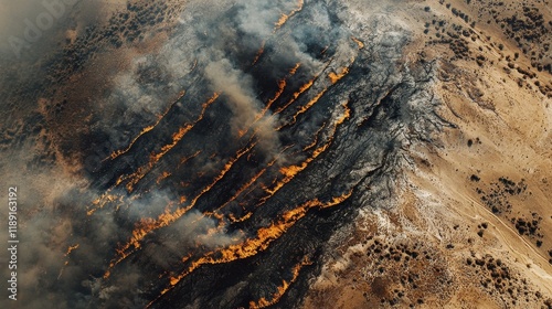 Dramatic Aerial View of Wildfire Spreading Across Landscape With Flames and Dense Smoke in Desert Environment