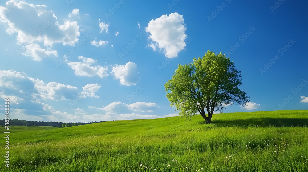 Obraz premium Summer landscape in Russia with green fields and blue sky