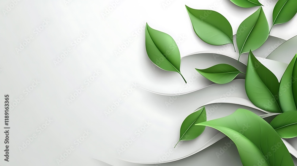 Fototapeta premium Green Leaves on White Wavy Background Design