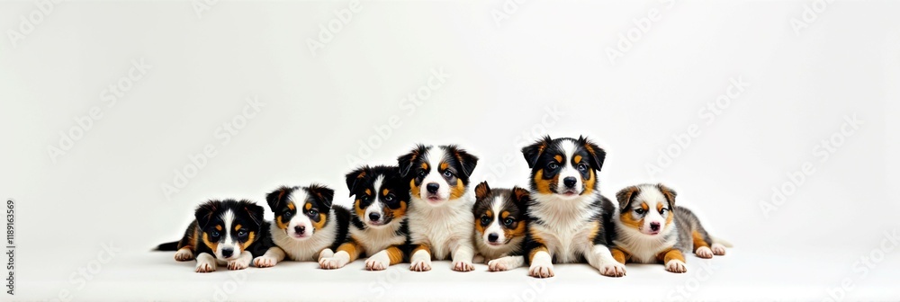 Adorable australian shepherd puppies lying in a row against white background Adorable australian shepherd puppies lying in a row against white background