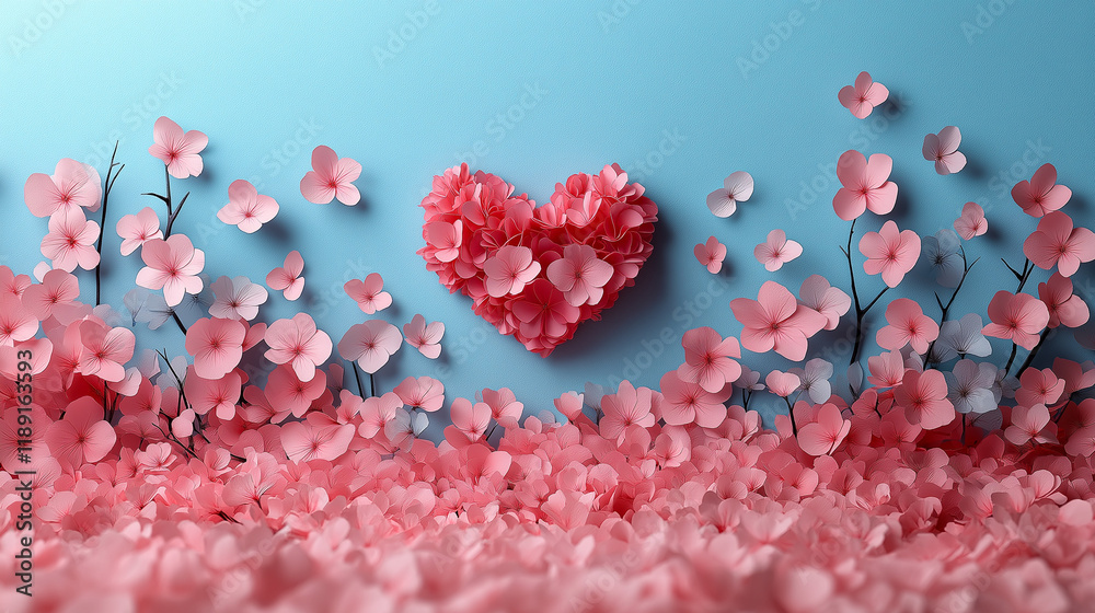Obraz premium Heart surrounded with fresh colorful flowers on pastel pink background. Creative love layout with copy space. Valentines day, wedding or romantic visual trend. Spring bloom. Flat lay.