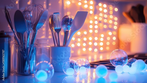 A vibrant kitchen scene featuring utensils and glowing decorative orbs, creating a cozy and inviting atmosphere.
