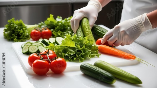A chef prepares fresh vegetables, including cucumbers, tomatoes, and lettuce, on a cutting board while wearing gloves in a well-lit kitchen.