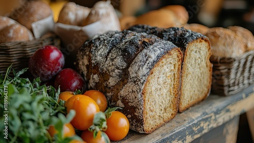A rustic display of fresh bread and colorful vegetables, showcasing the warmth of a bakery with artisanal products.