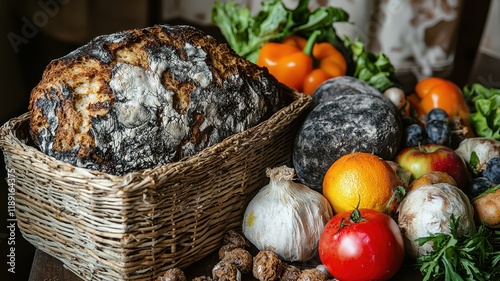 A rustic basket filled with a crusty loaf of bread and an array of fresh fruits and vegetables, showcasing natural textures and vibrant colors.