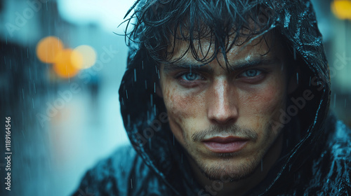 Portrait of a young wet man in a jacket with a hood in the rain on blurred background city street , close-up. Bad weather pessimism concept, cold autumn unhappy irony people in raincoat photo