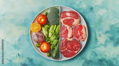 A vibrant plate divided between fresh vegetables and raw meat, showcasing a balanced meal option.