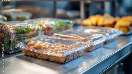 A variety of packaged food items displayed on a counter, showcasing fresh salads and baked goods in a food service setting.