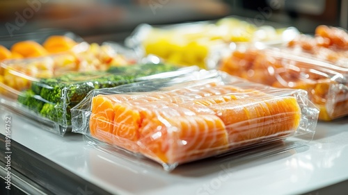 Fresh, packaged seafood and vegetables in clear plastic, showcasing vibrant colors and variety on a display surface.