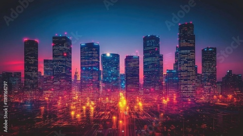 Vibrant City Skyline at Night with Colorful Lights and Illuminated Buildings
