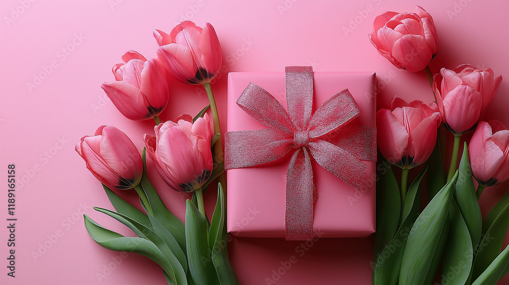 Gift box with a pink ribbon on a background of a bouquet of pink tulips with copy space for text. Wallpaper or banner for gift shop, flower shop or jewelry store. Valentine day. Gift box with a pink ribbon on a background of a bouquet of pink tulips with copy space for text. Wallpaper or banner for gift shop, flower shop or jewelry store. Valentine day.
