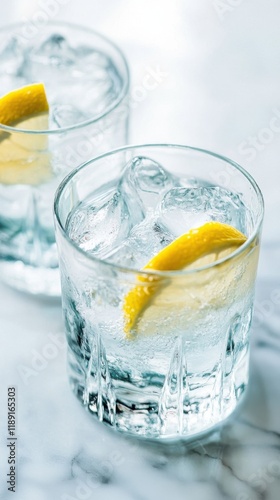 Refreshing cocktails with lemon slices served over ice in crystal-clear glasses photo