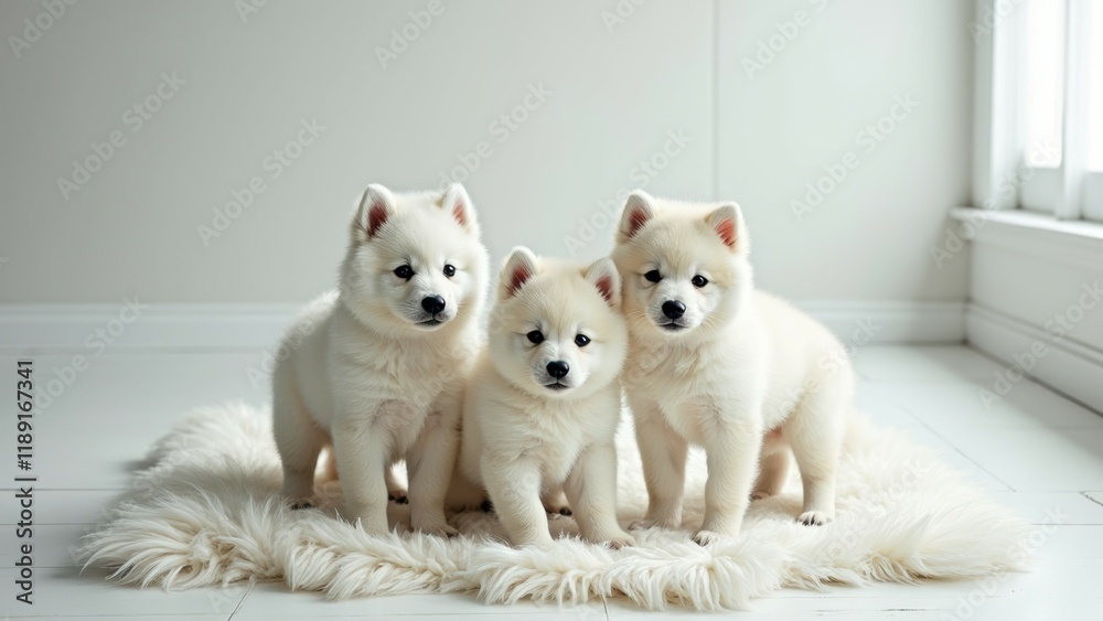 Three fluffy samoyed puppies sitting on a soft rug in a bright room Three fluffy samoyed puppies sitting on a soft rug in a bright room