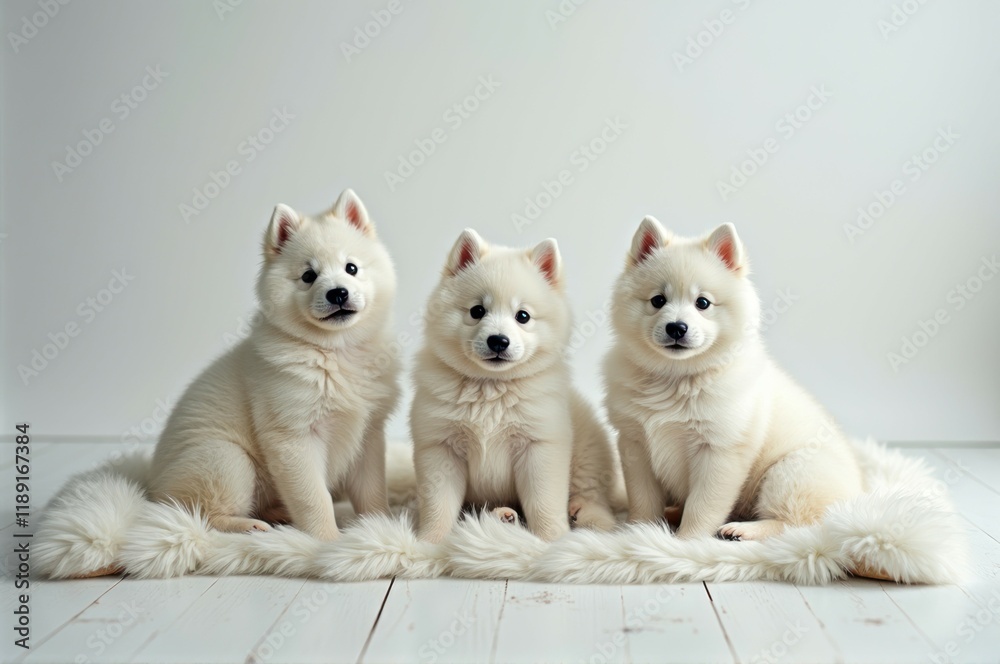 Fototapeta premium Adorable trio of fluffy white puppies sitting on soft rug