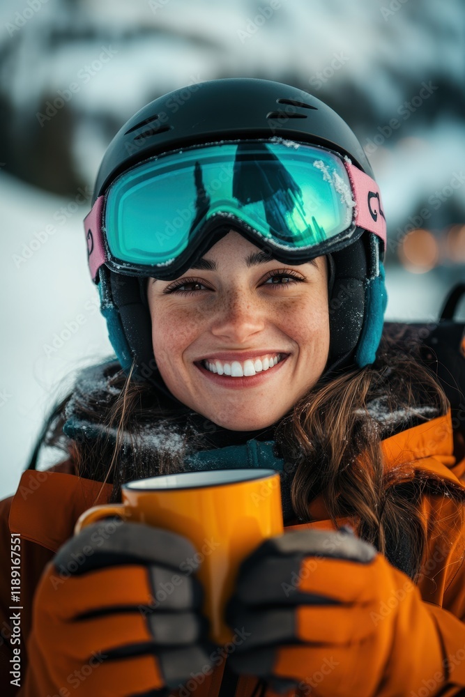 Portrait of skier holding a cup of tea in ski resort in winter season.