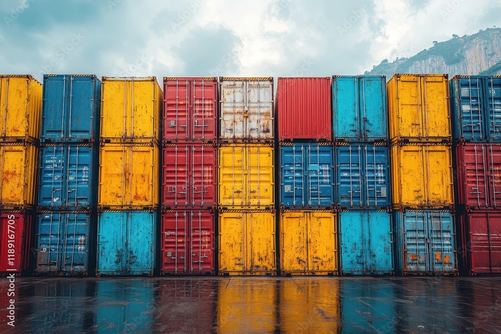 Fototapeta premium Stacked shipping containers in vibrant colors at a port.