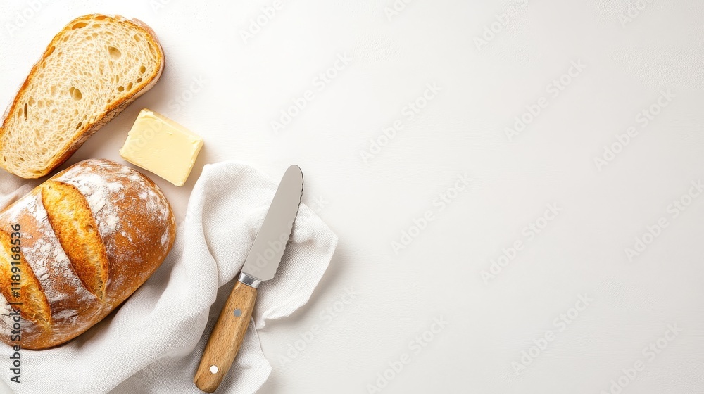 Obraz premium A loaf of bread, butter, and a knife on a clean surface, ready for a meal.