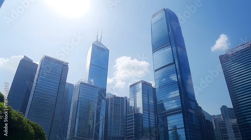 Modern Hong Kong skyscrapers against a bright blue sky