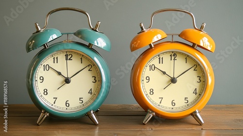 Vintage alarm clocks in teal and orange colors on a wooden surface