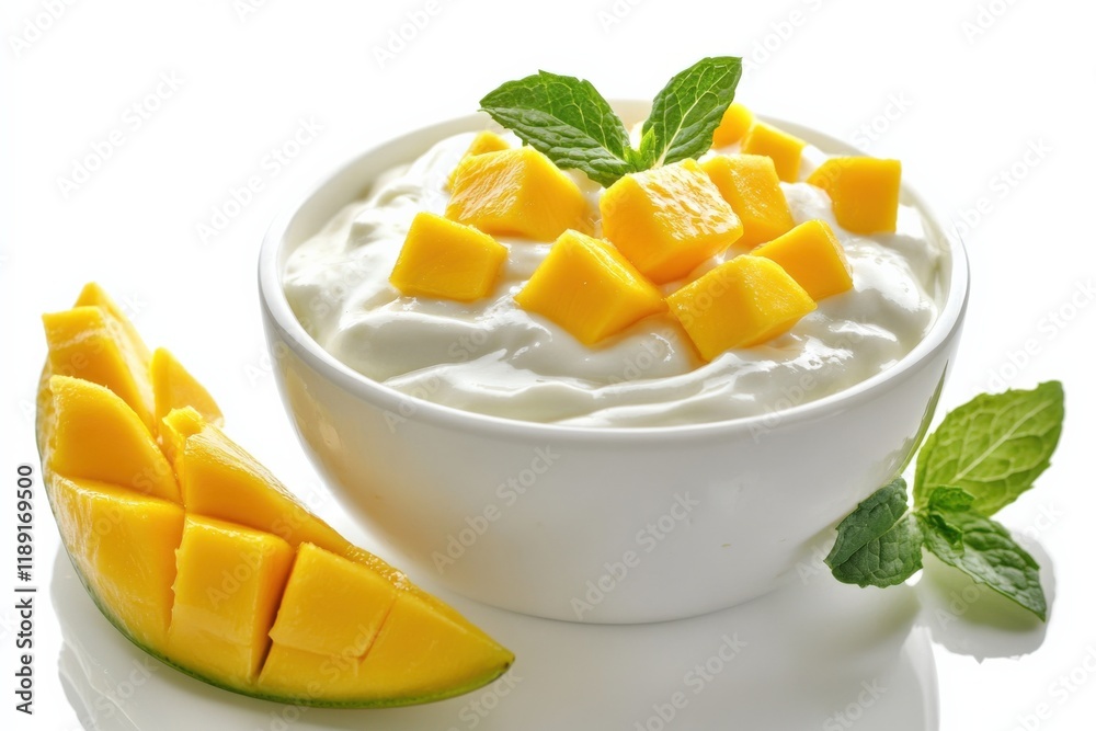 a bowl of yogurt with mango chunks and mint leaves