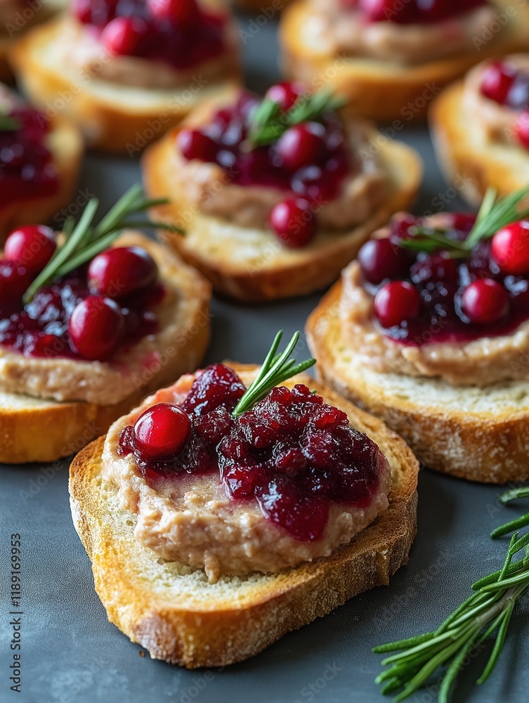 Appetizing rabbit rillettes topped with cranberry red wine confiture. Rosemary sprigs decorate toasted baguette slices. Delicious, flavorful appetizer perfect for holiday gathering special occasion. Appetizing rabbit rillettes topped with cranberry red wine confiture. Rosemary sprigs decorate toasted baguette slices. Delicious, flavorful appetizer perfect for holiday gathering special occasion.