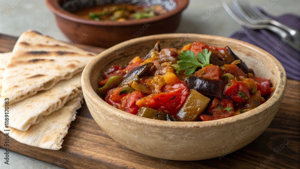 Deliciously vibrant adjapsandali served in a rustic bowl with warm georg flatbread on a wooden platter Deliciously vibrant adjapsandali served in a rustic bowl with warm georg flatbread on a wooden platter