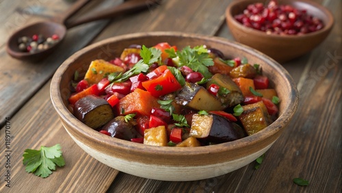 Rustic bowl of adjapsandali served on a wooden table with fresh herbs and spices photo