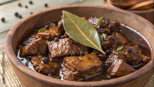 Tender pieces of adobo chicken and pork simmering in rich spices, a flavorful feast for any occasion