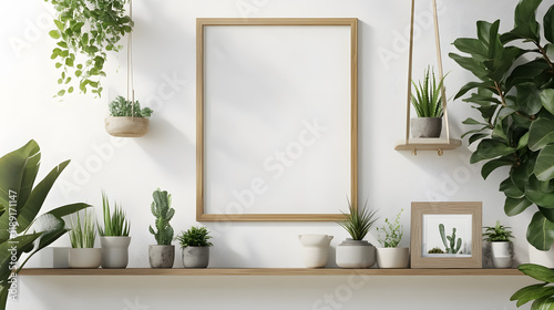 Scandinavian room interior featuring a mock-up photo frame on a brown bamboo shelf adorned with various beautiful plants in stylish pots  against white walls