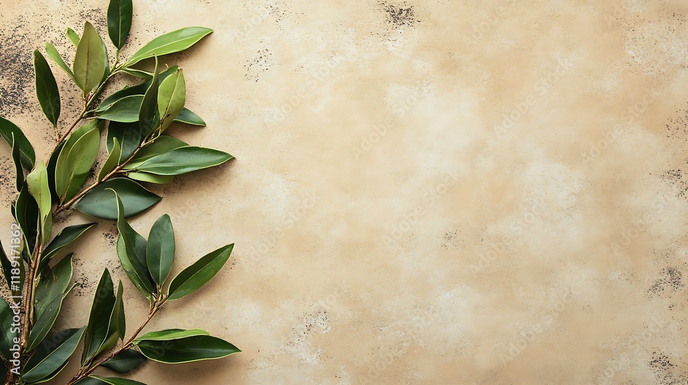 Lush green foliage against a beige textured background Lush green foliage against a beige textured background