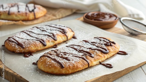 Freshly made beavertails drizzled with chocolate sauce and powdered sugar on a wooden board